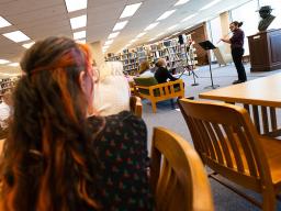  Cyrus Zgud, a sophomore music education major, performs a composition written by Nate Buettner, a sophomore studying music composition. Photo by Liz McCue, University Communication and Marketing.