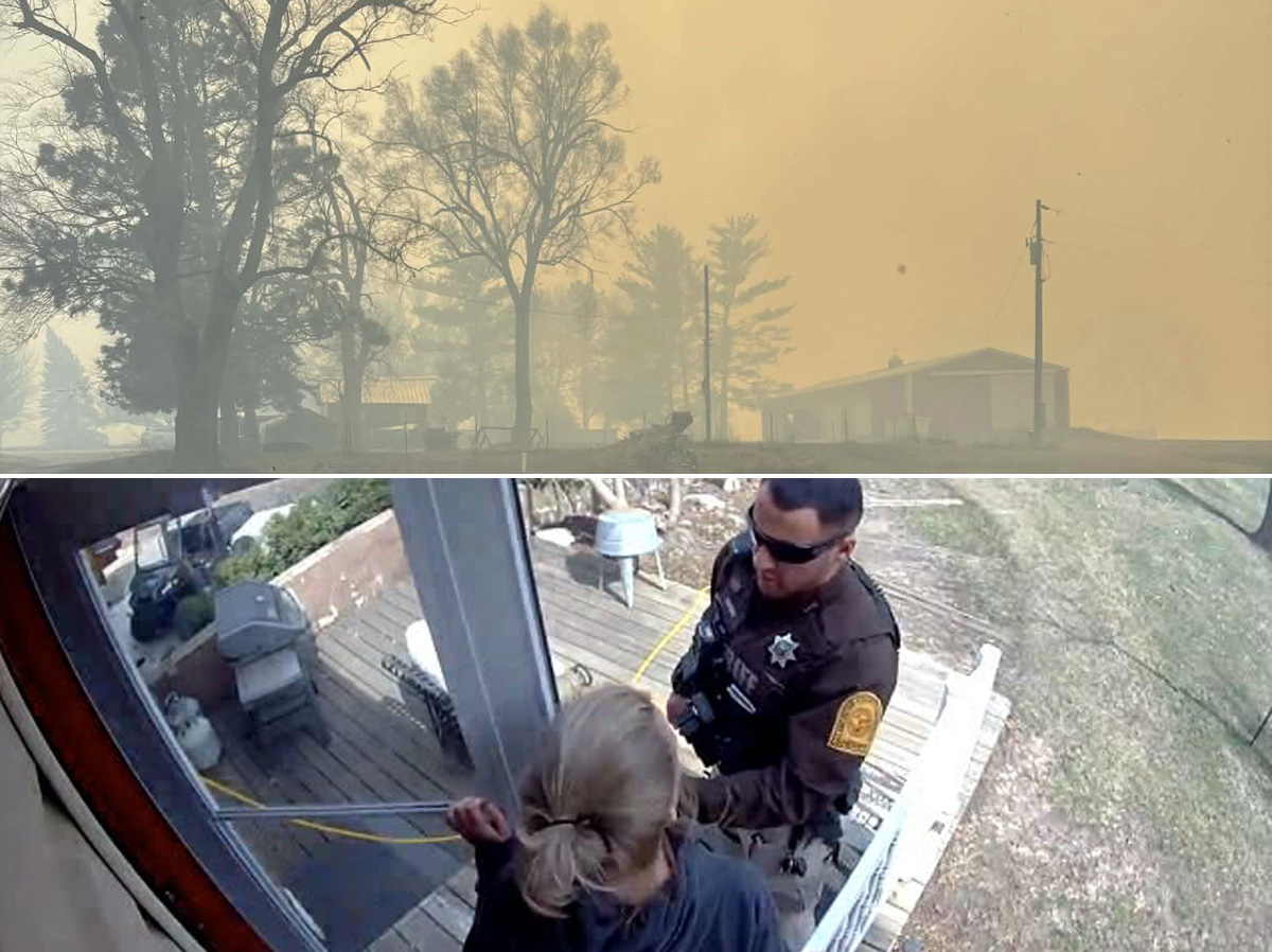 (Top photo) Smoke filling the sky at a Lancaster County rural residence. (Bottom photo) Sheriff&rsquo;s deputy at a door telling residents to evacuate. (Photos by DW McReynolds)