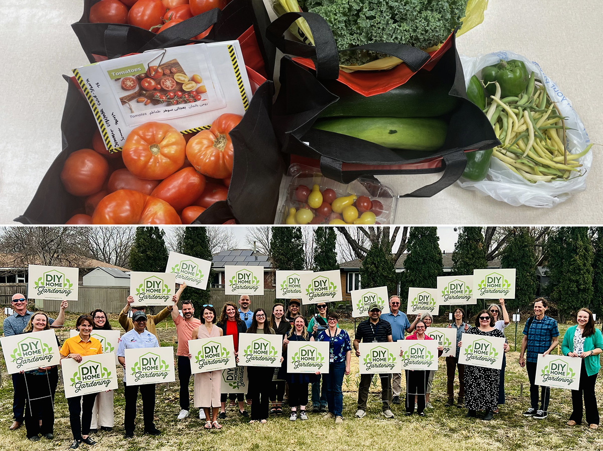 (Top photo) Produce harvested from the Growing Together Nebraska garden at Nebraska Extension in Lancaster County office in August 2025. (Bottom) Coalition and community members gathered at the 2026 Mayor&rsquo;s Proclamation of the Growing and Sharing Season.