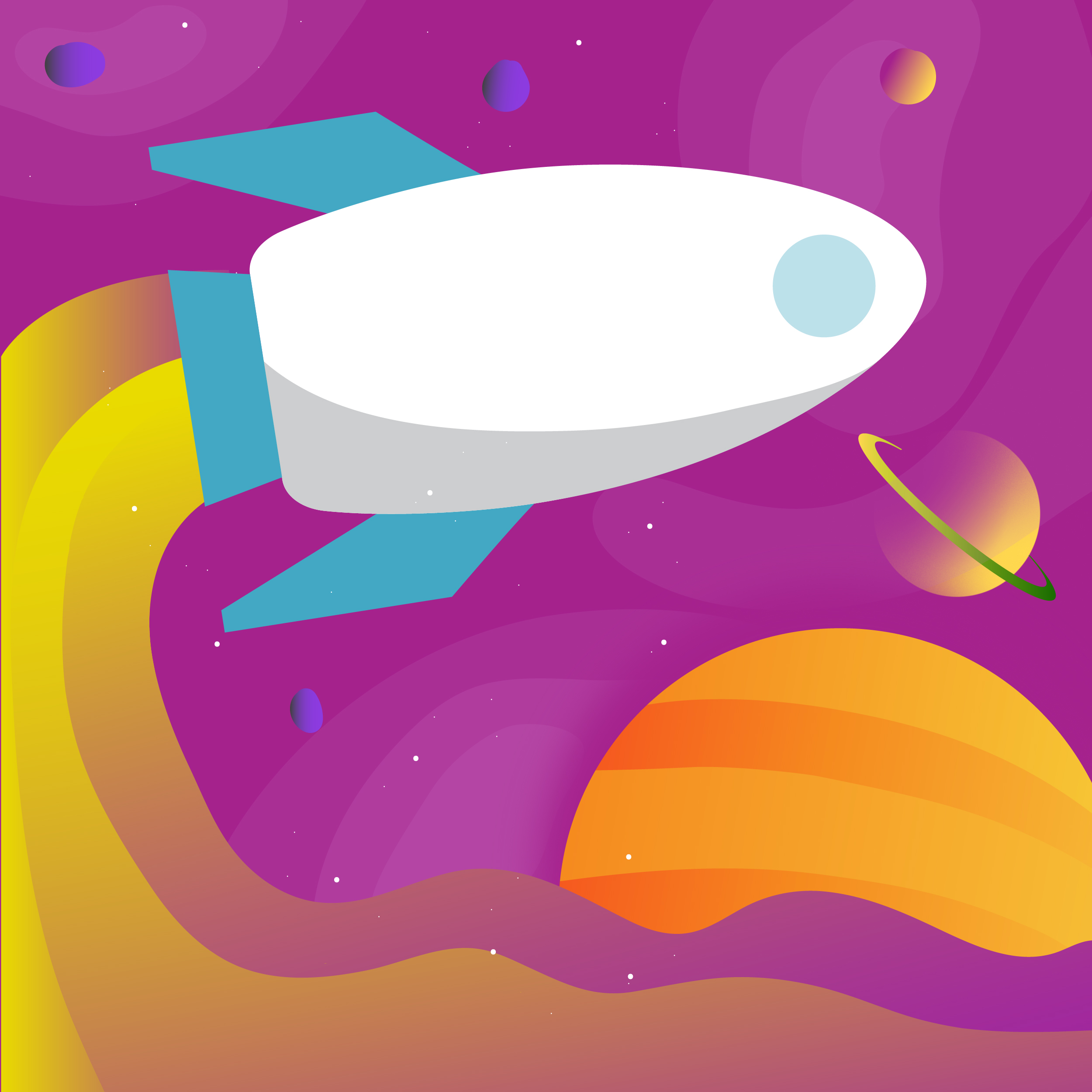 A purple space background with a rocket ship and planets surrounding it.