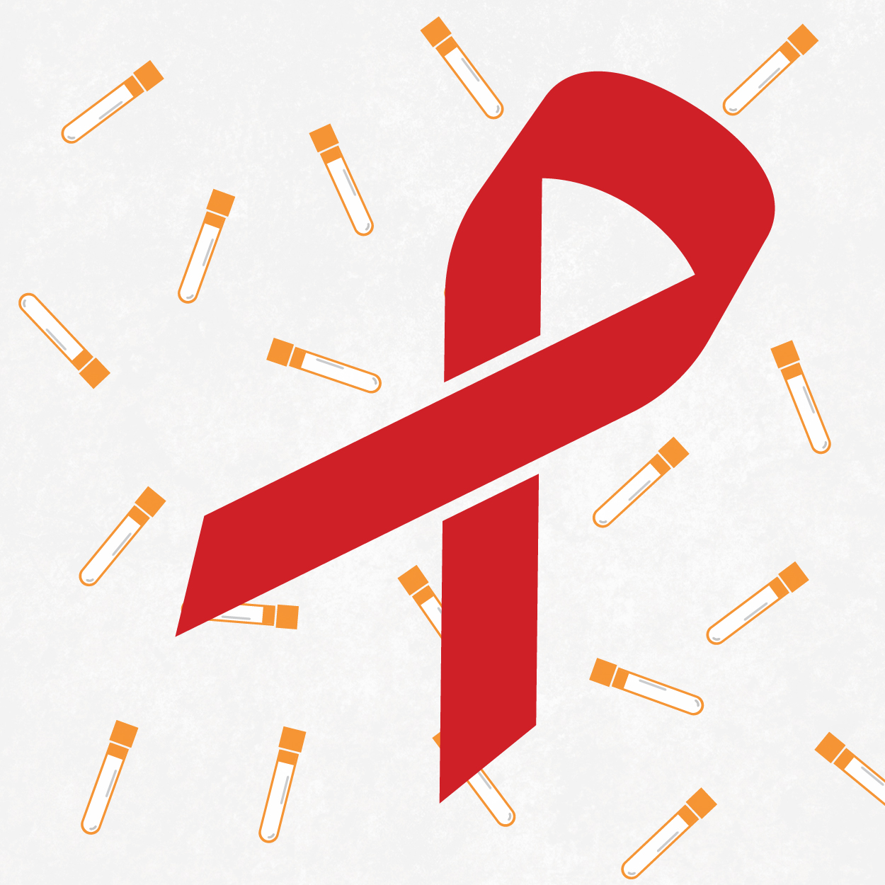 A gray background with orange test tubes. A red ribbon sits on top.