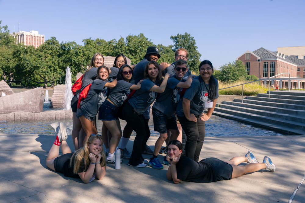 Transfer students pose in front of the Union fountain at the 2025 CAST 4-Day Foundational Event.