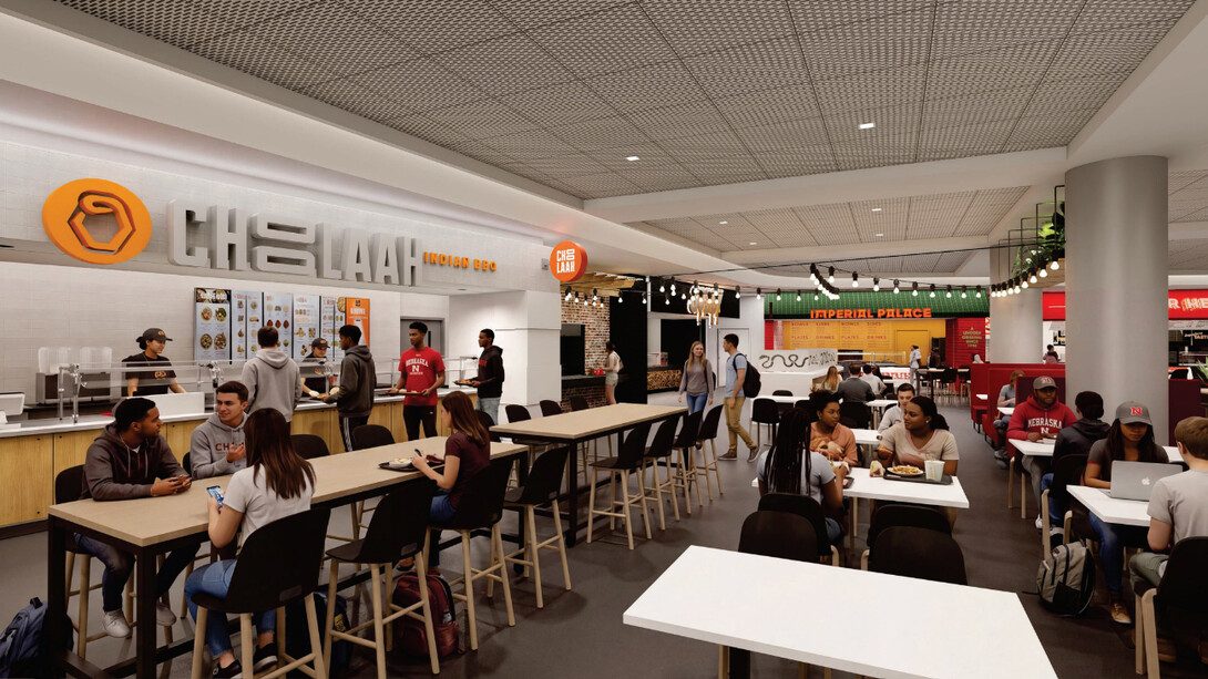 The Nebraska Union is set to add two new dining options &mdash; Sossy, a slow-cooked barbecue space, and Choolaah, the first Indian-inspired concept for the Nebraska Union. (rendering by Alley Poyner Macchietto Architecture)