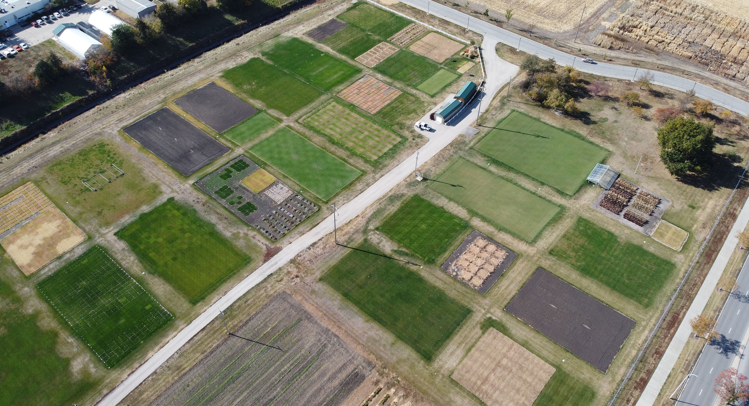 Aerial view of research plots at East Campus Turfgrass Research Center in Lincoln, Nebraska.