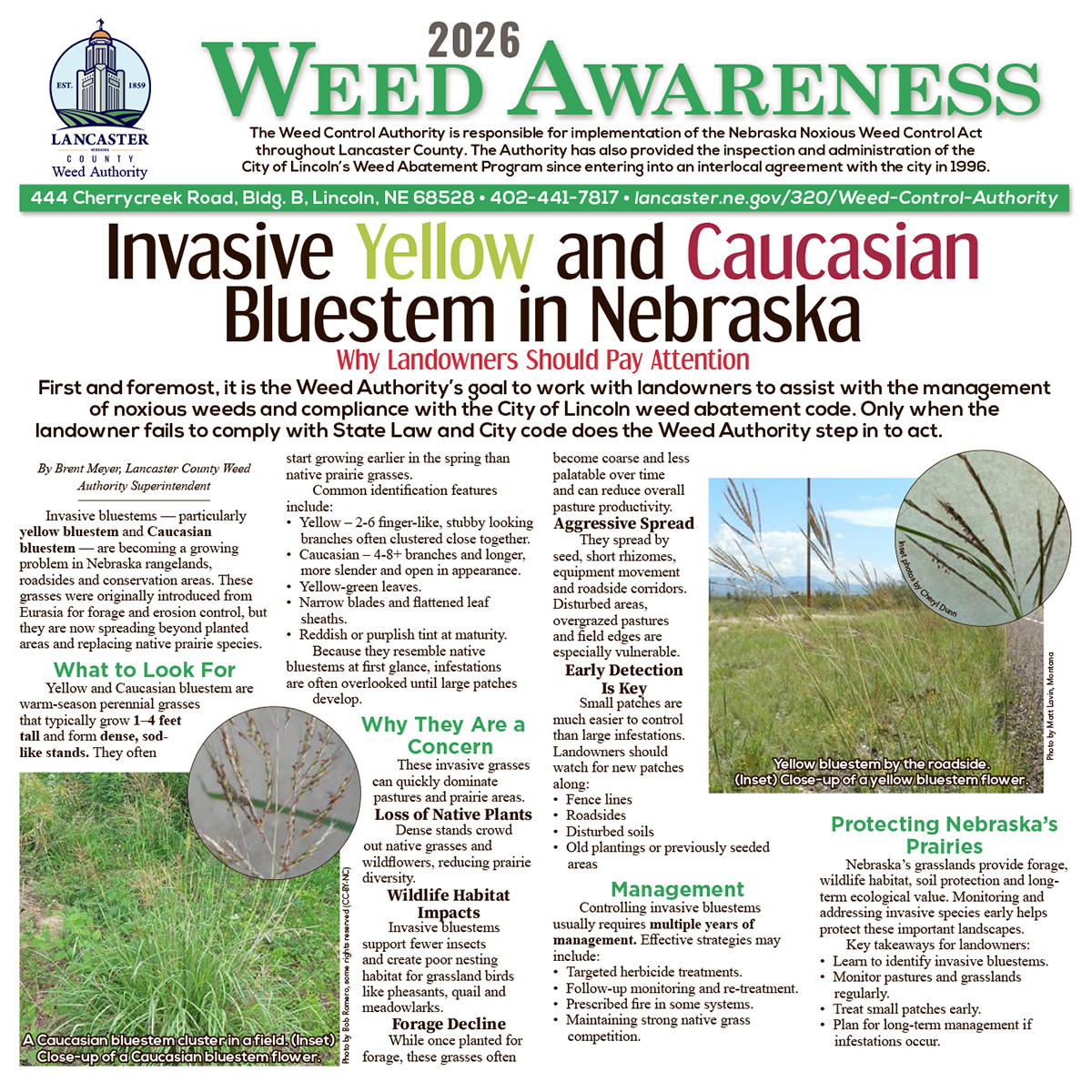 Page layout of printed 2026 Weed Awareness. Main headline reads: Invasive Yellow and Caucasian Bluestem in Nebraska