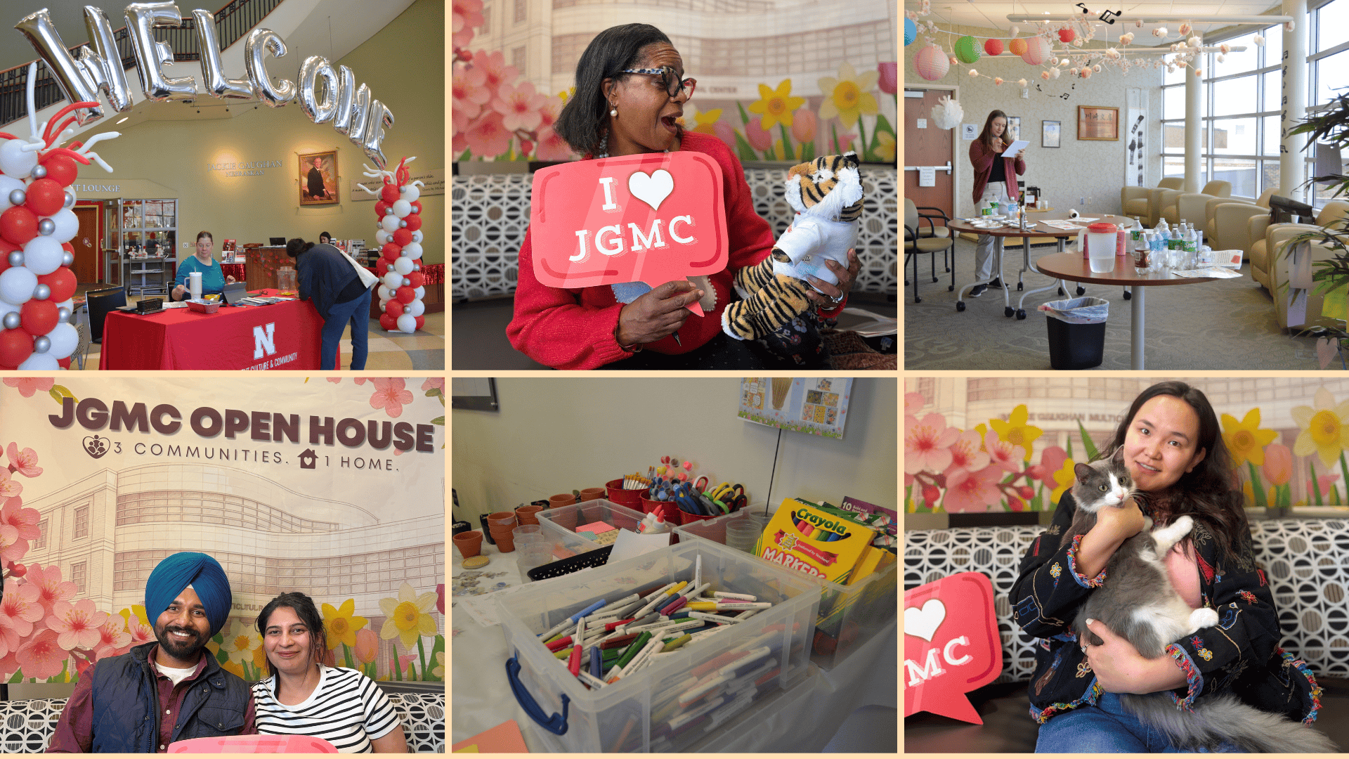Collage of photos from JGMC Open House showing welcome decorations, students participating in activities, craft supplies, a photo booth moment and attendees engaging with the space.