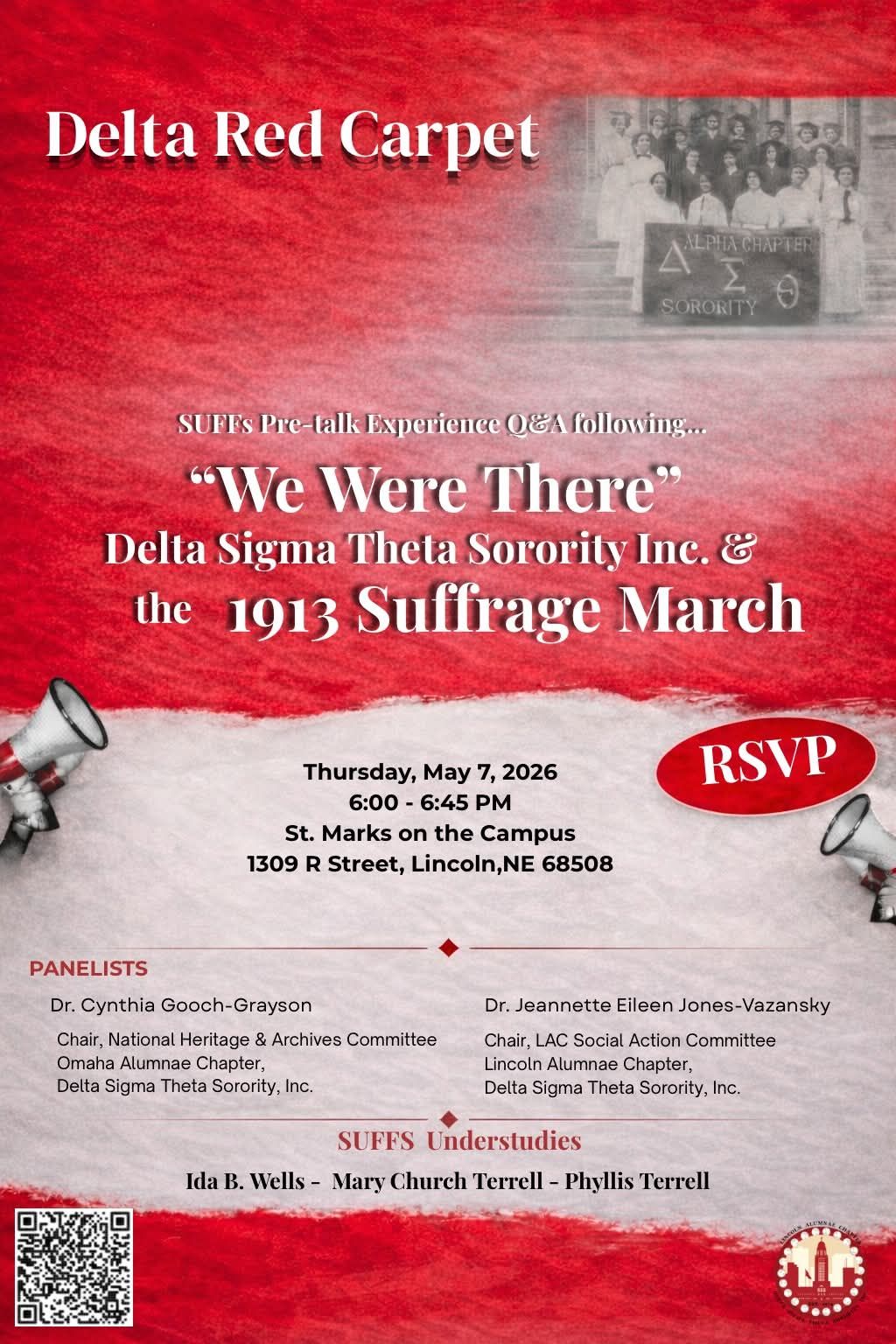 Red poster with black and white photo of the women of Delta Sigma on the upper right; details for talk about African American women in the suffrage movement.