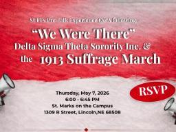 Red poster with black and white photo of the women of Delta Sigma on the upper right; details for talk about African American women in the suffrage movement.
