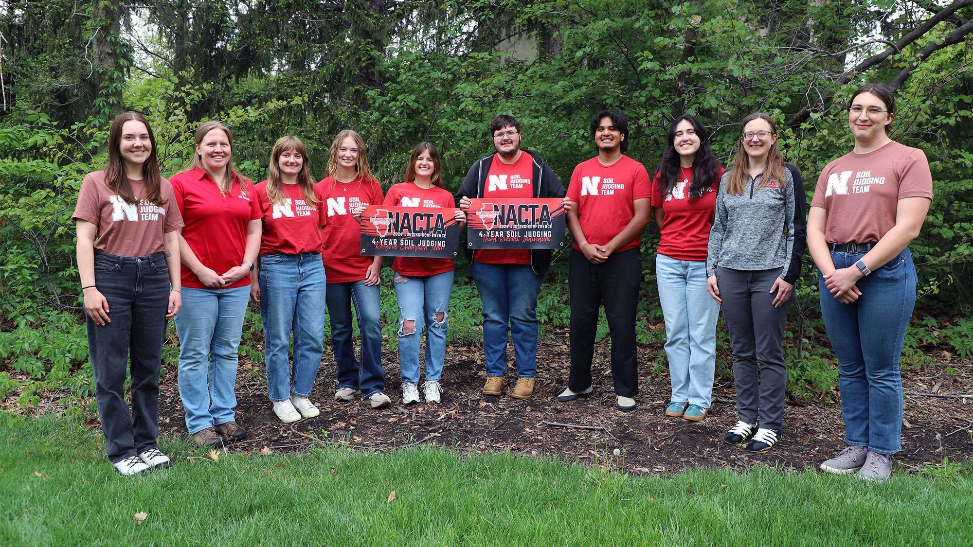 The UNL Soil Judging Team and coaches (from left) are Liz Eroshenko, Becky Young, Sydney Honacker, Promise &ldquo;PJ&rdquo; Smeal, Anna Newcome, Adrian Cox, Diego Sanchez, Lara Arnold, Judy Turk and Adam Subora.