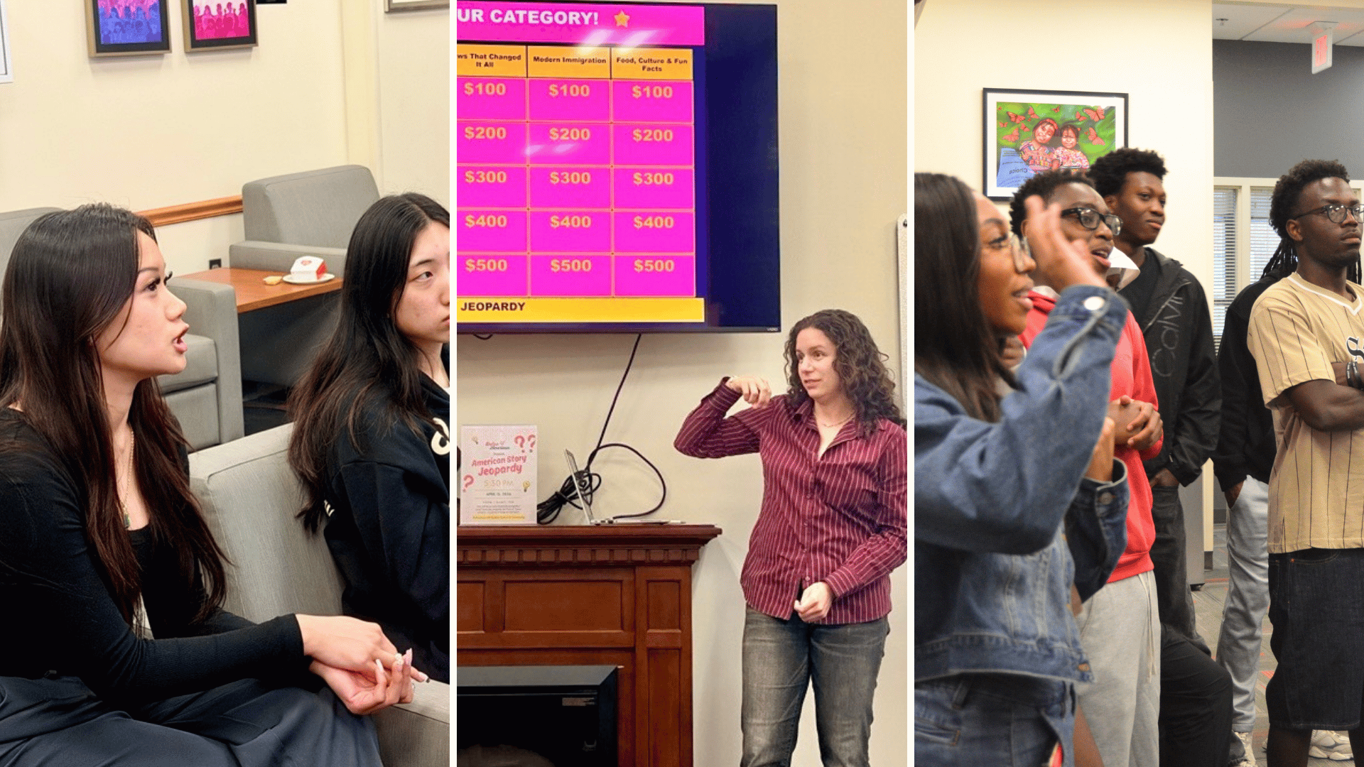 Collage of students participating in Late Night Dish It Up events, including group discussions and an interactive Jeopardy-style activity on immigration stories.