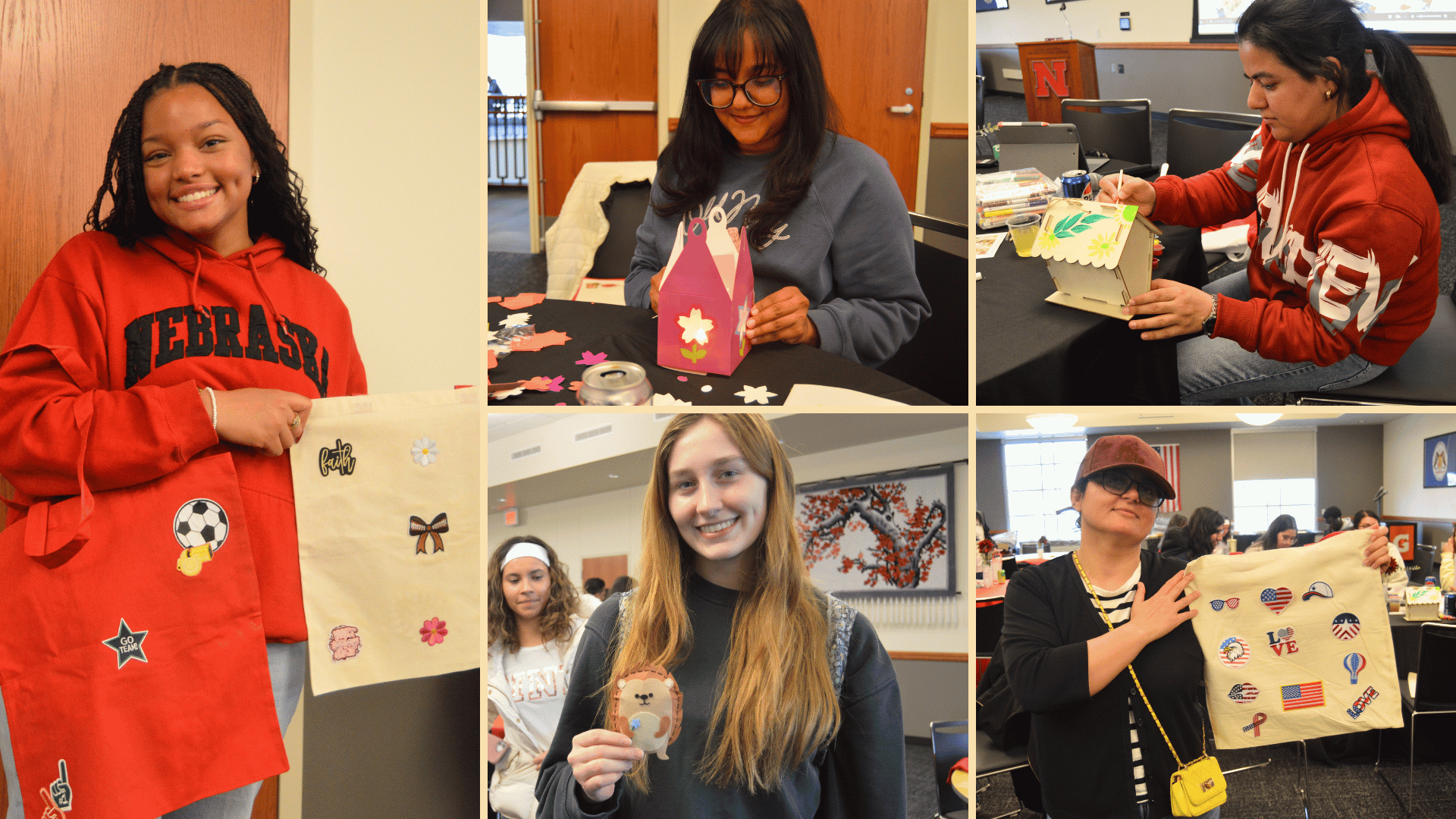 Collage of students participating in creative activities at Stop, Serve and Mingle, including decorating tote bags, crafting lanterns, painting birdhouses and holding handmade felt creations.