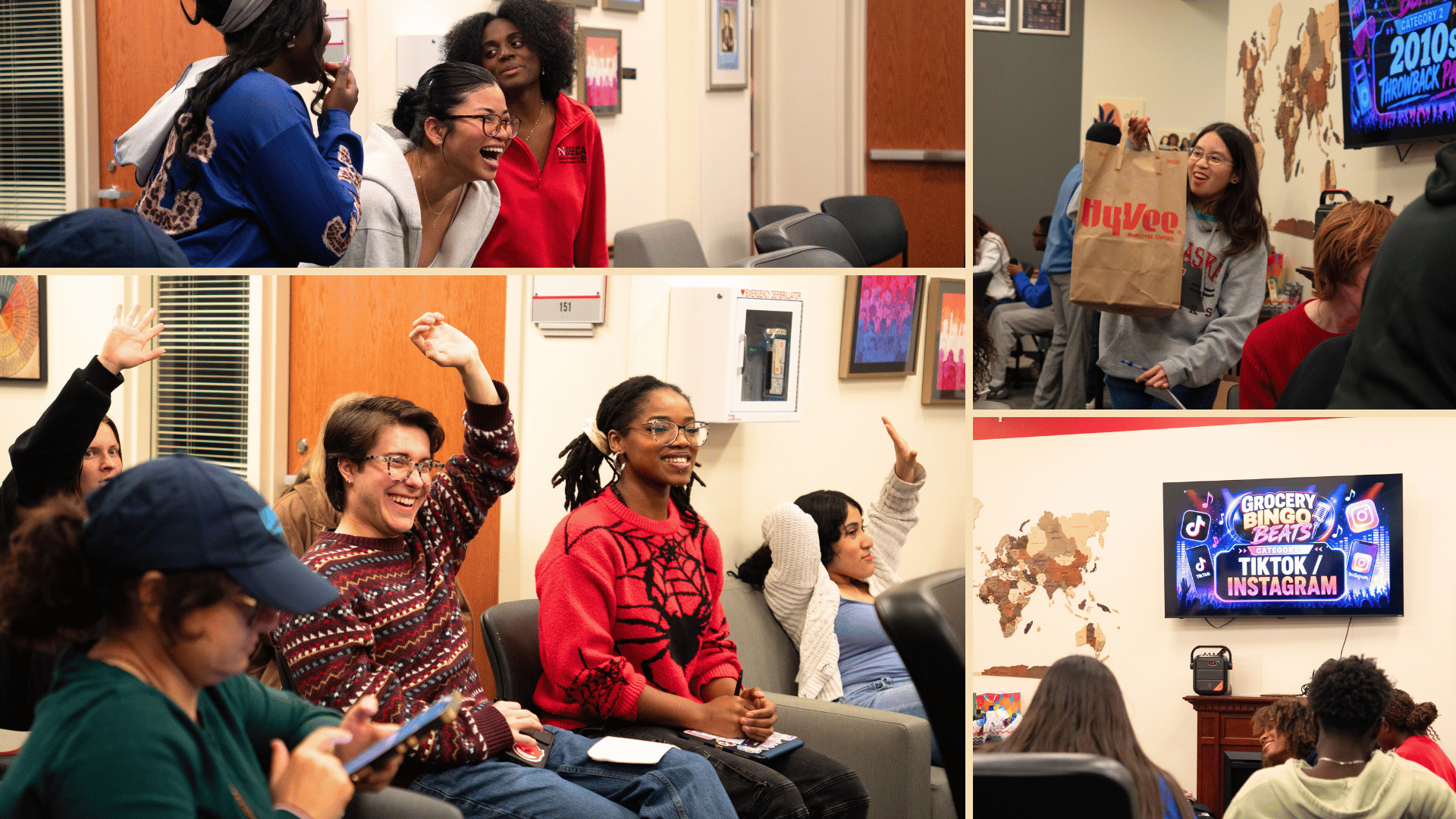 Collage of students laughing, raising hands and playing Grocery Bingo Beats during De-Stress Fest, with music-themed bingo categories and grocery prizes visible on screens and in the room.