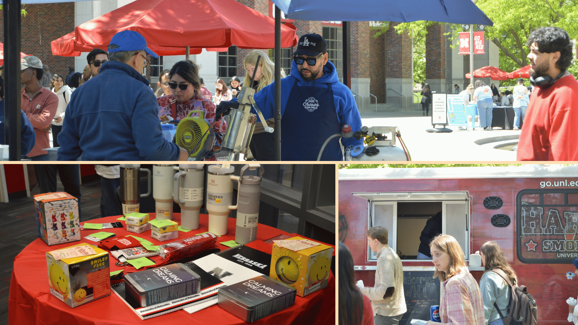 Collage of students enjoying Final Fiesta during De-Stress Fest, featuring outdoor food stations, giveaways and students gathering around food trucks and activity tables.
