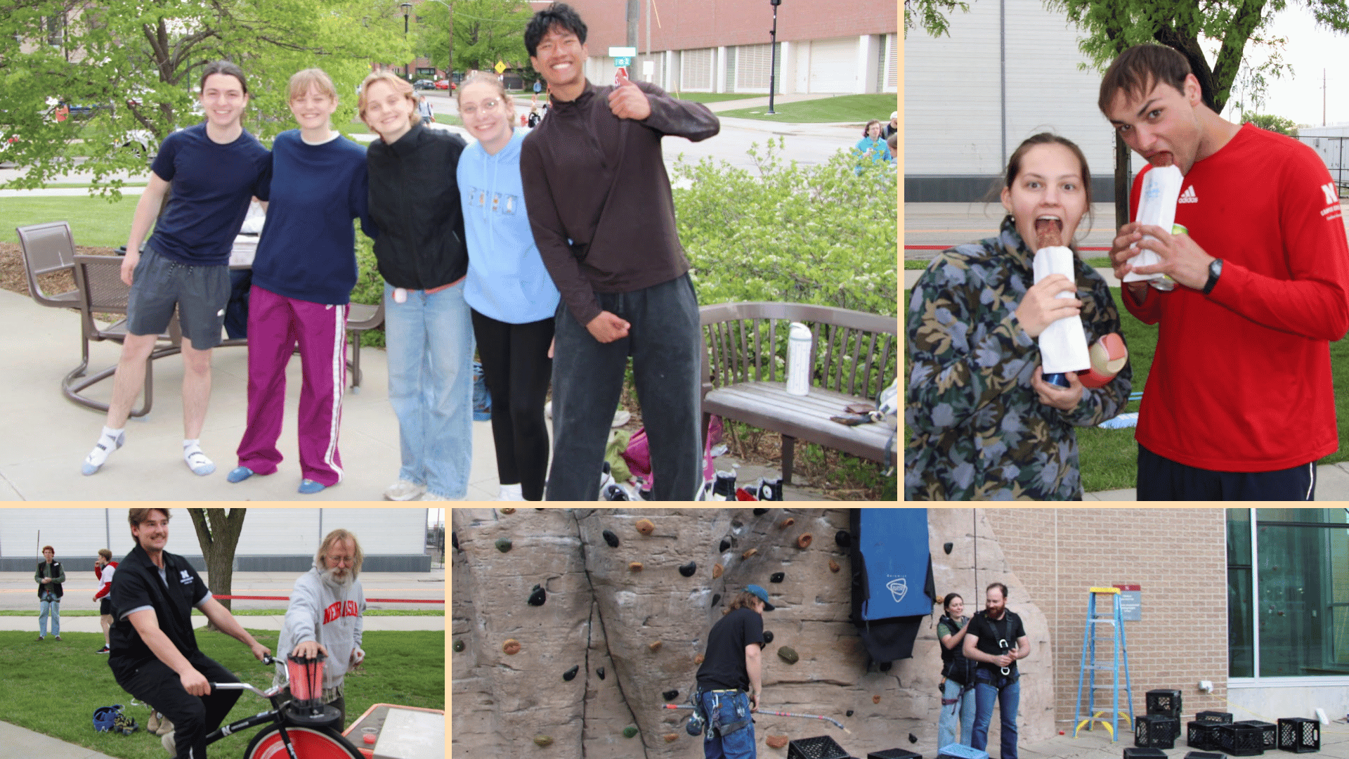 Collage of students enjoying Fresh Air Fix during De-Stress Fest, including group photos, outdoor activities, snacks and students participating near the Outdoor Adventure Center climbing wall.