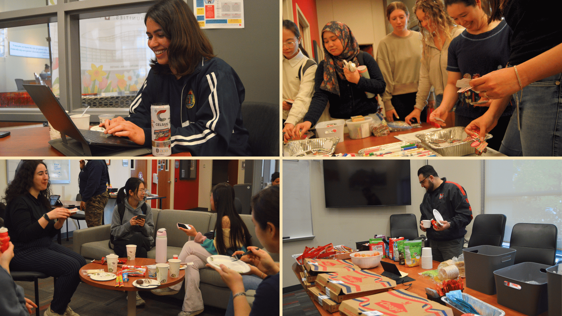 Collage of students enjoying Grab and Go Brunch during De-Stress Fest, including breakfast food, arts and crafts activities, students socializing in the Oasis Lounge and refreshments being served.