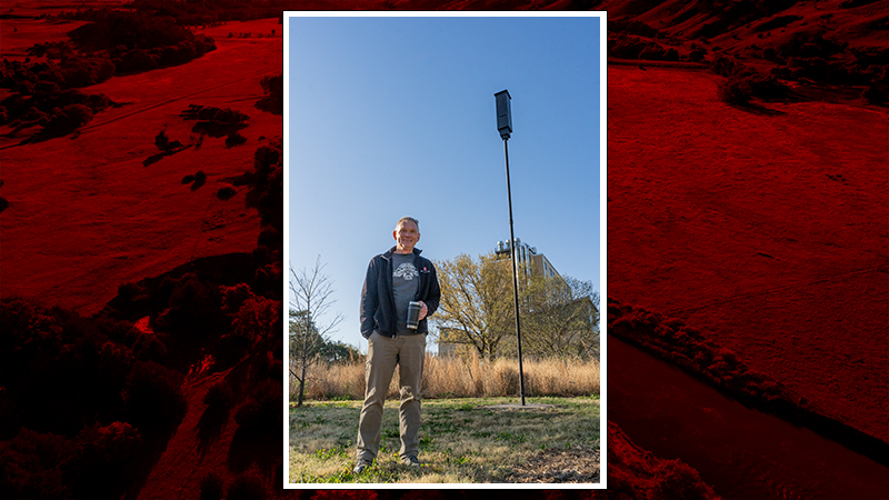 John Carroll, professor of wildlife ecology and management, and the new bat house on Hardin Hall Prairie. Photo courtesy of Carlee Koehler