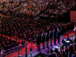 Members of the University of Nebraska&ndash;Lincoln&rsquo;s Reserve Officer Training Corps receive applause after reciting the oath of enlistment during the morning undergraduate commencement ceremony May 9 at Pinnacle Bank Arena.