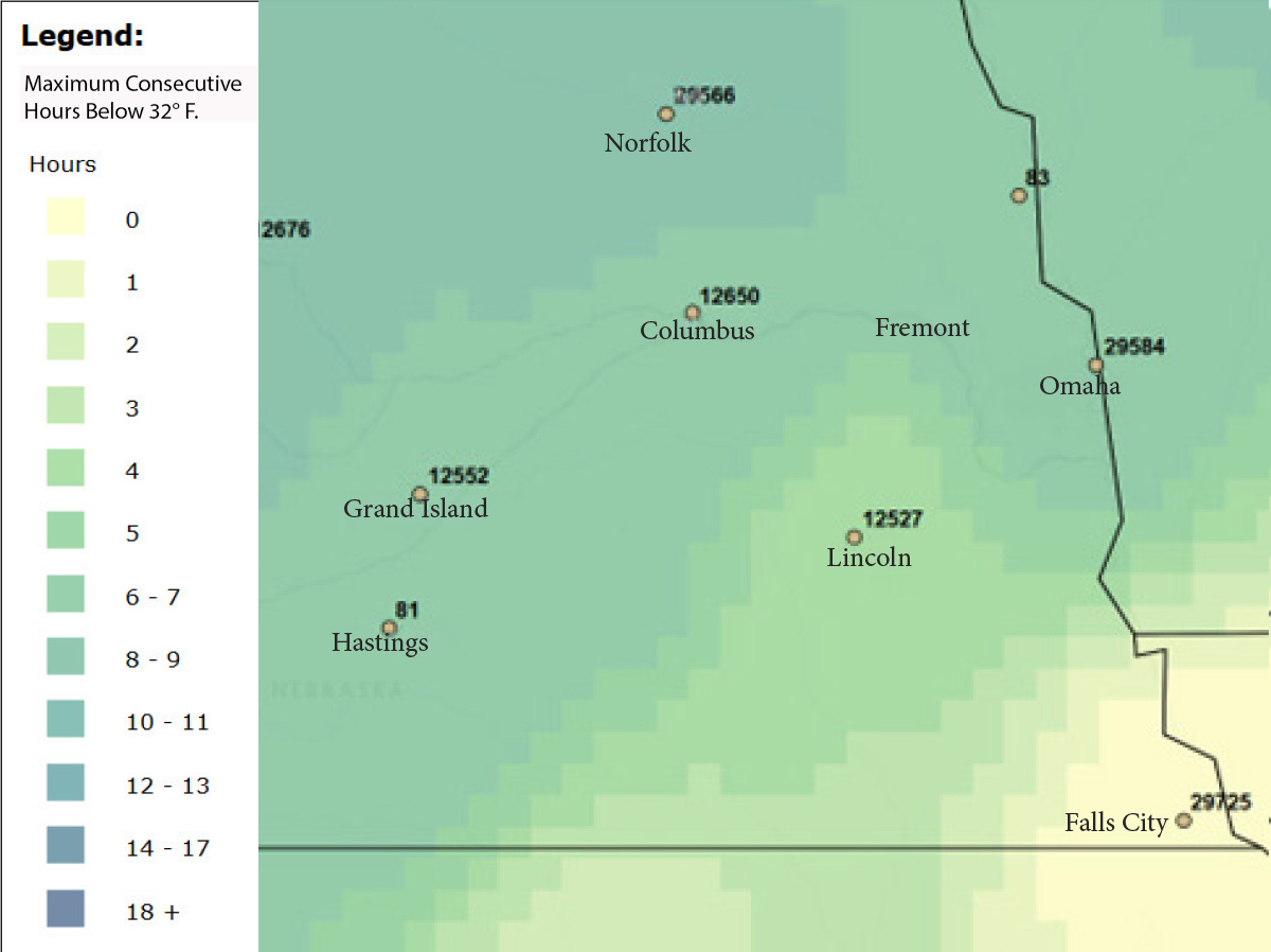 Map of cumulative hours below freezing from April 5 to May 4.