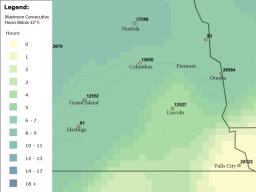 Map of cumulative hours below freezing from April 5 to May 4.