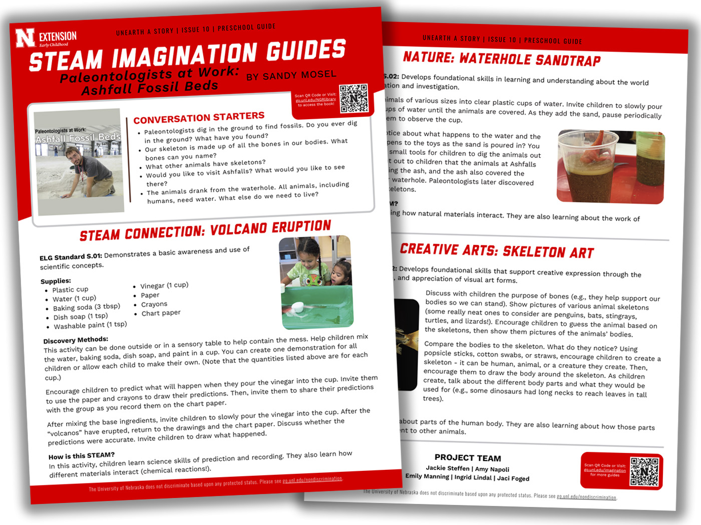 STEAM Imagination Guide for "Paleontologists at Work: Ashfall Fossil Beds". First page includes Conversation Starters and STEAM Connection: Volcano Eruption. Second page includes Nature: Waterhole Sandtrap and Creative Arts: Skeleton Art
