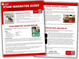 STEAM Imagination Guide for "Paleontologists at Work: Ashfall Fossil Beds". First page includes Conversation Starters and STEAM Connection: Volcano Eruption. Second page includes Nature: Waterhole Sandtrap and Creative Arts: Skeleton Art