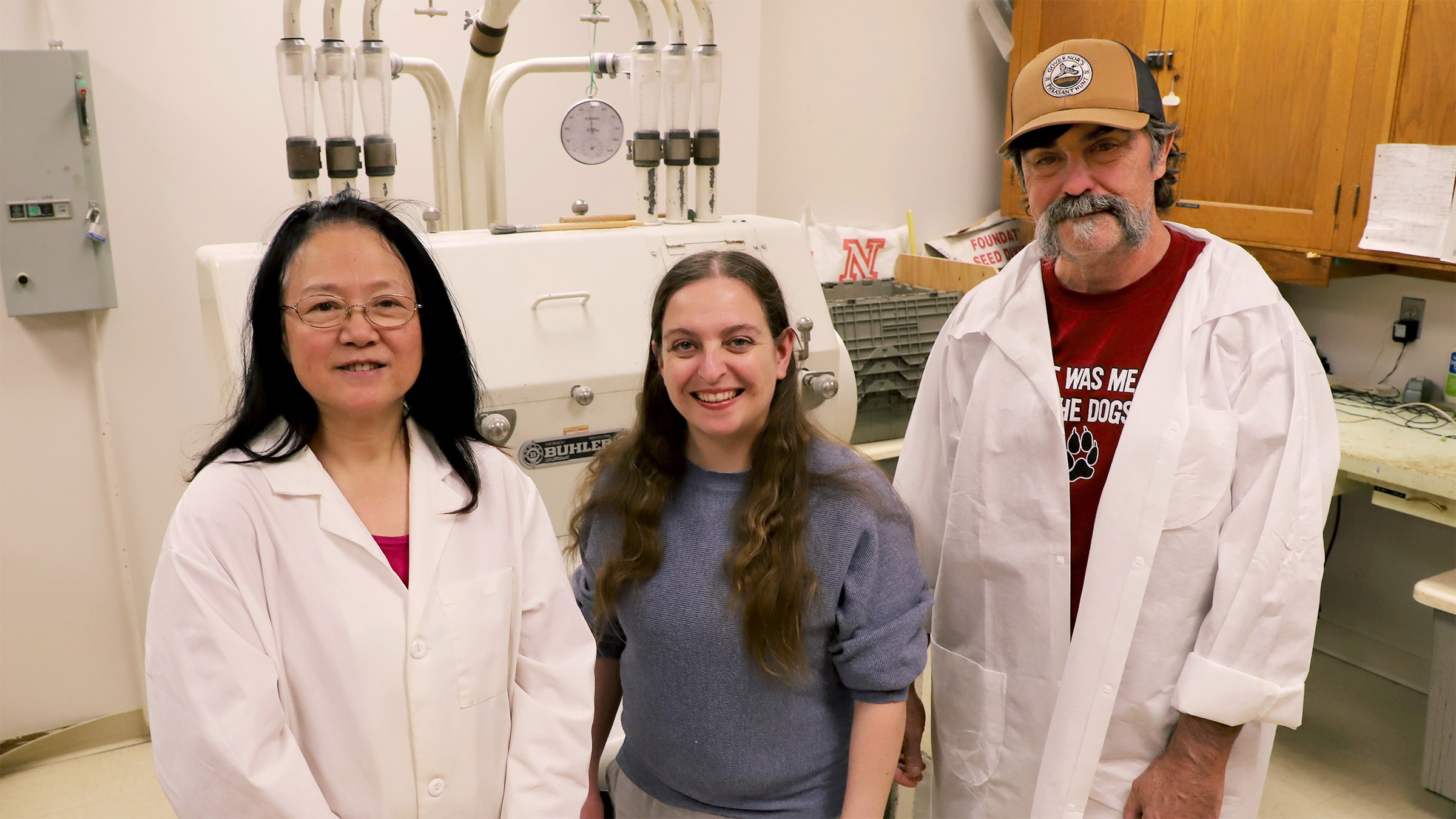 The Grain Quality Lab (from left) are Lan Xu, grain quality research manager; Katherine Frels, assistant professor of agronomy and horticulture and director of the Small Grains Breeding and Genetics Program; and Marc Walter, research technician.
