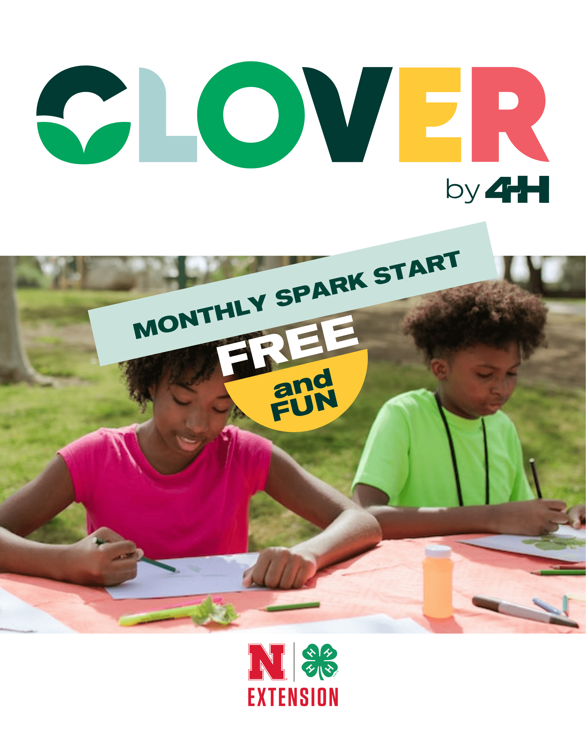 CLOVER by 4-H logo and photo of youth coloring