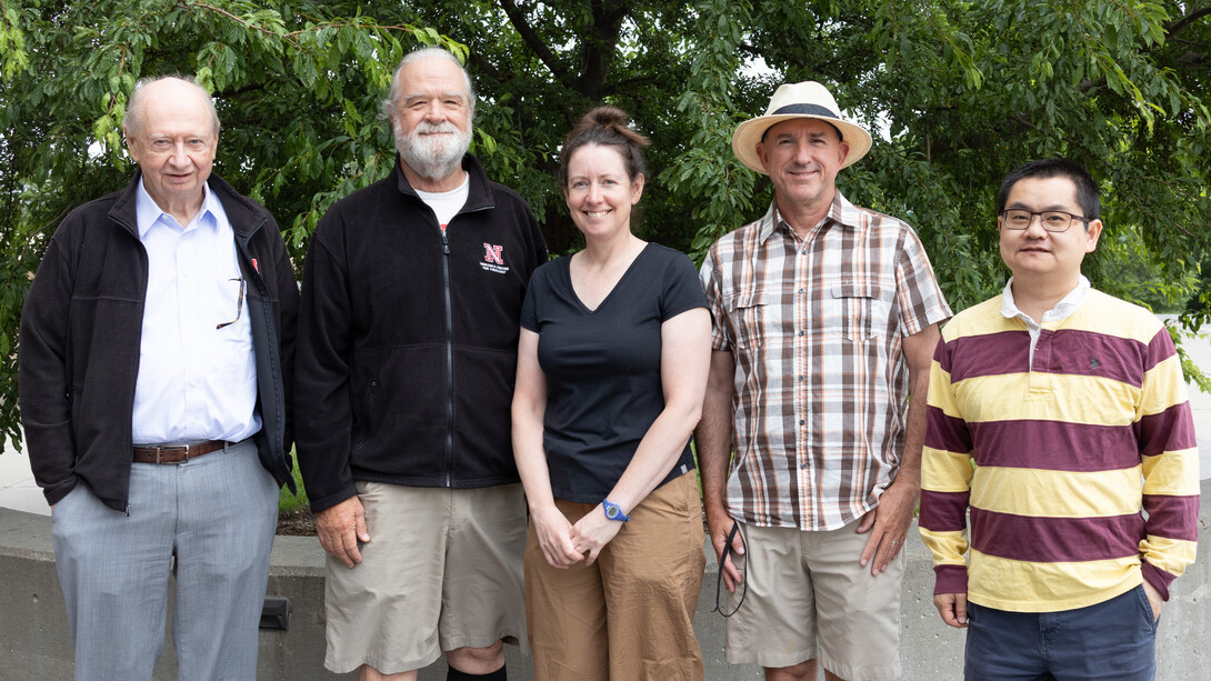 The research team includes (from left) James Van Etten, David Dunigan, Jessica Corman, John DeLong and Qiuming Yao. Photo by Cheyenne Rowe | Research and Innovation 