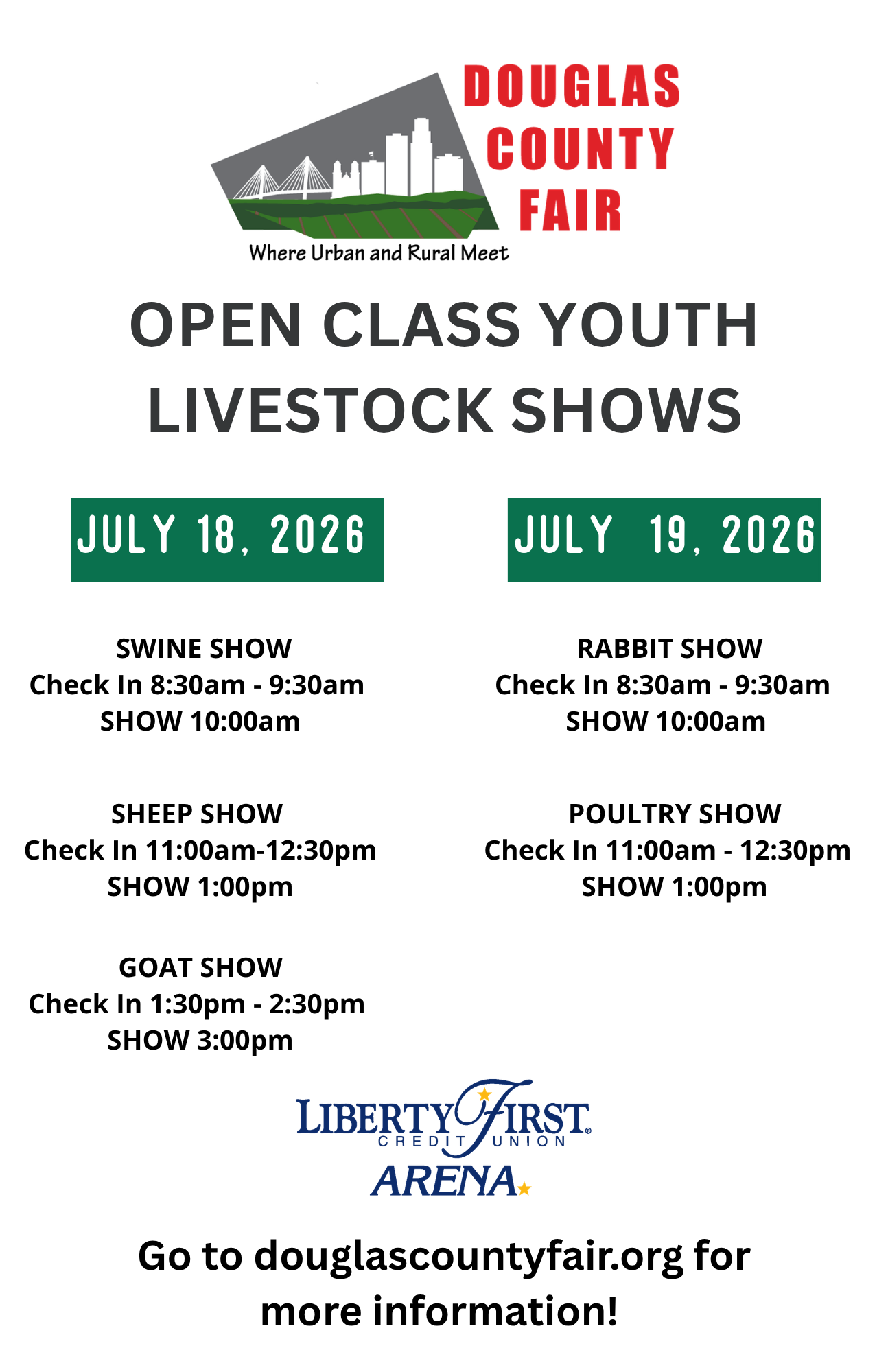 Douglas County Fair open class youth livestock shows July 18 & 19, 2026 include swine, sheep, goat, rabbit and poultry shows.
