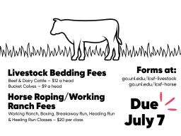 Livestock Bedding Fees and Horse Roping/Working Ranch fees are due July 7.