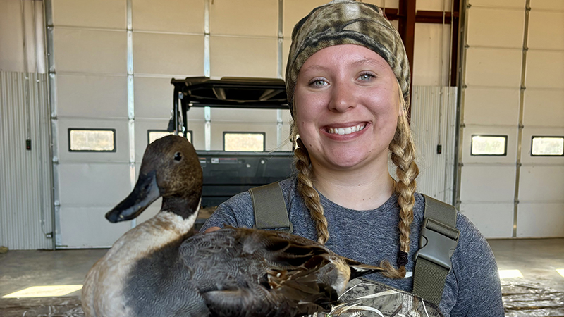  Ava Britton holds a drake Northern Pintail while helping a doctoral student, Ethan Dittmer, on his Southeast Kansas Mallard GPS project in November 2025.