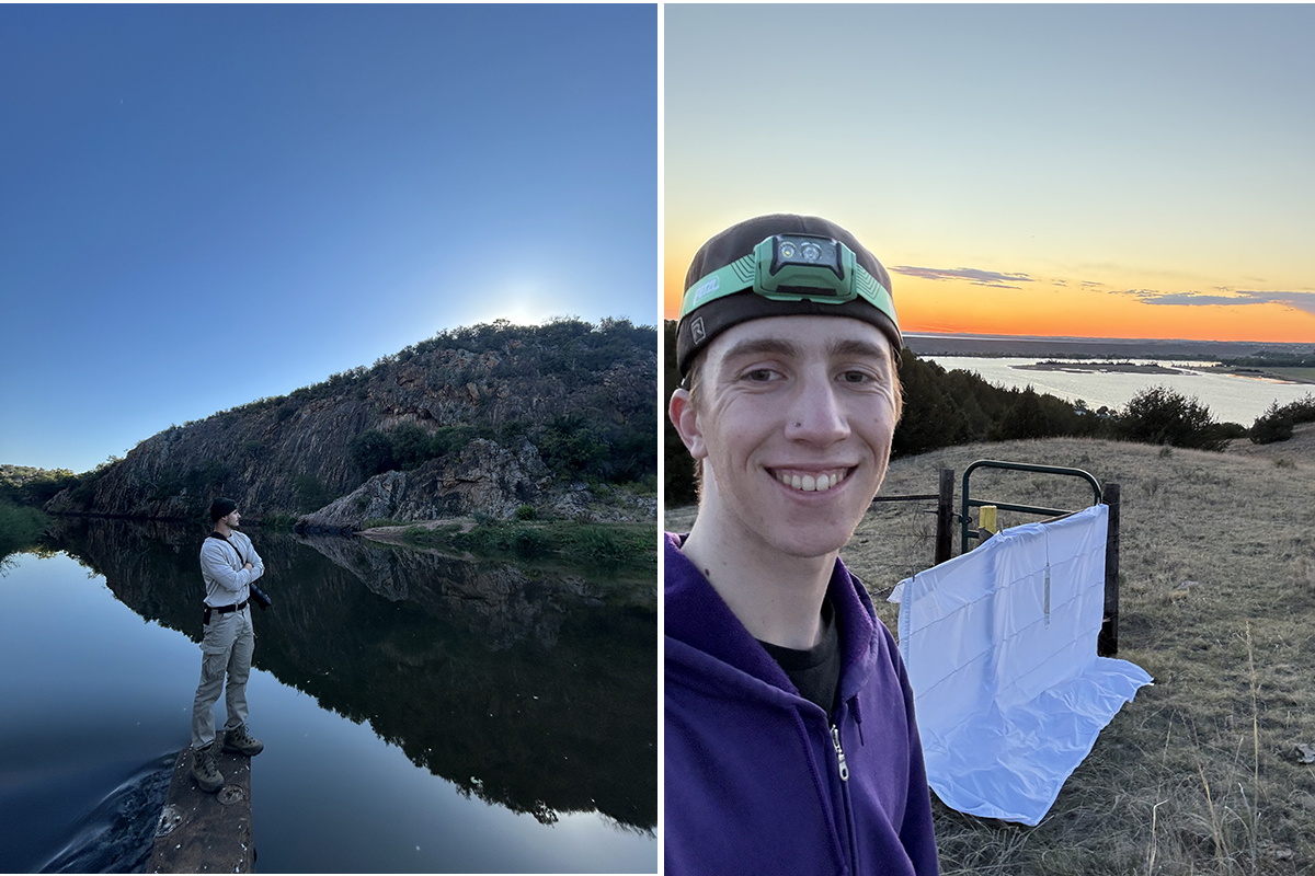 Noah Liechti (left) overlooking the Limpopo River on a South Africa study abroad trip and Eli Weber (right) setting up his backlighting sheet for a moth survey at Cedar Point Biological Station