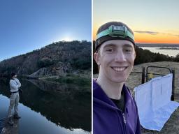 Noah Liechti (left) overlooking the Limpopo River and Eli Weber at Cedar Point Biological Station