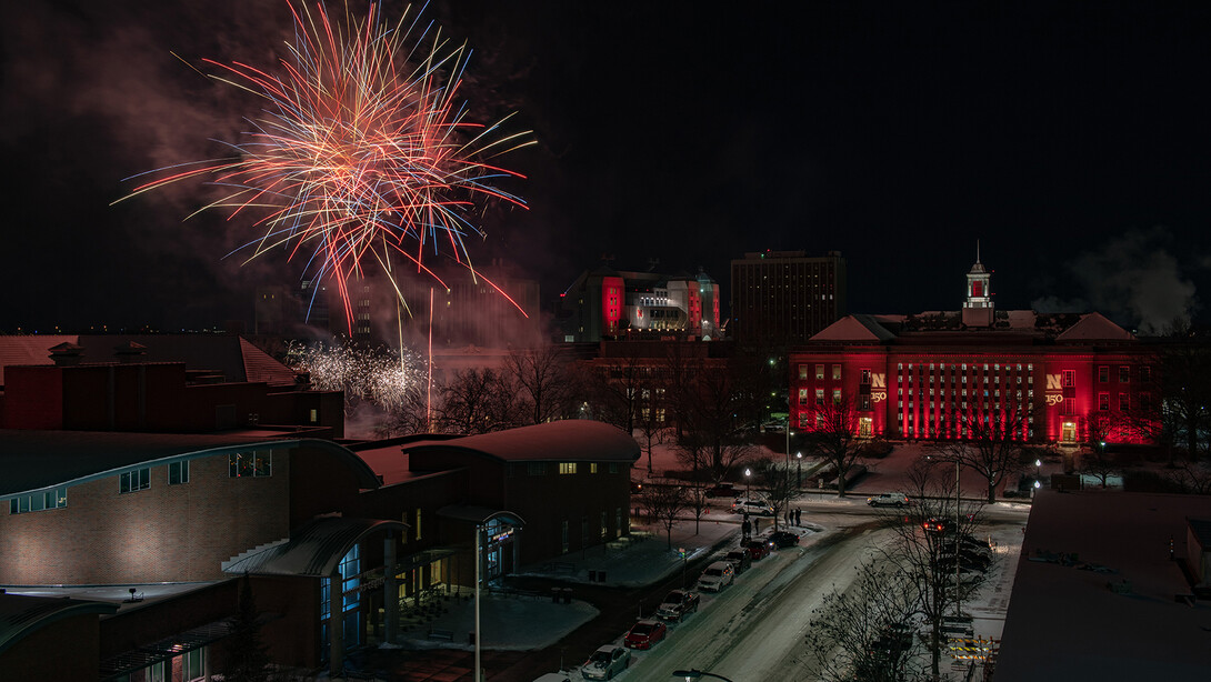 Fireworks burst over the University of Nebraska&ndash;Lincoln's City Campus during the sesquicentennial celebration in 2019.