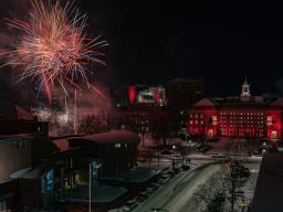 Fireworks burst over the University of Nebraska&ndash;Lincoln's City Campus during the sesquicentennial celebration in 2019.