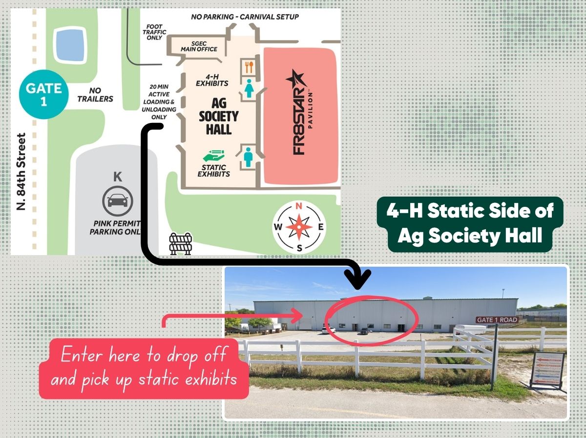 4-H static exhibit parking diagram for check-in and pick up at the Ag Society Hall on the Lancaster County S