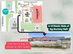 4-H static exhibit parking diagram for check-in and pick up at the Ag Society Hall on the Lancaster County S