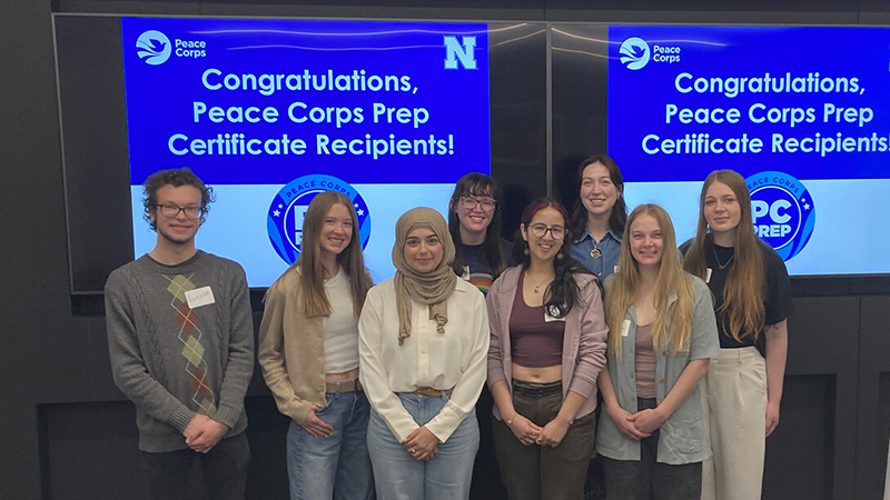 Husker students who recently completed the Peace Corps Prep program are (from left) Lennon Harris, Vanessa Hubing, Zanib Al Razaq, Pluto Larson, Milli Ciprian, Makenna Anderson, Evvie Yendra and Marissa Lindemann. Courtesy | Emira Ibrahimpasic
