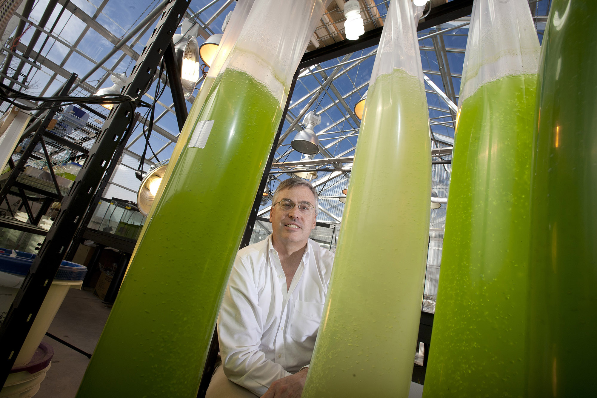 George Oyler, a University of Nebraska-Lincoln researcher and associate professor of biochemistry, said he believes that as more research is applied, advanced biofuels will continue to develop -- and at a faster pace. Oyler checks the algae bags in the al