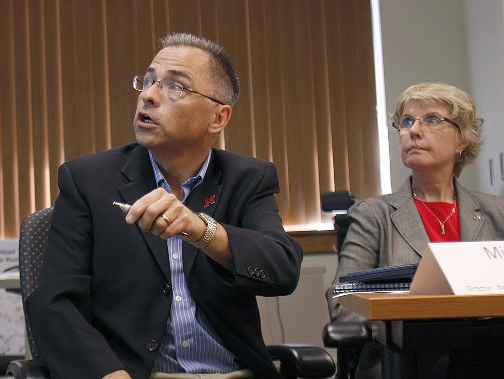 Michael Hayes, director of UNL's  National Drought Mitigation Center at the School of Natural Resources, discusses the 2012 drought as UNL Extension educator Sharon Skipton looks on during a briefing earlier this year.