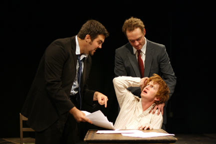 Actors (clockwise from left) Nate Releaux, Devon Schovanec and Mike Lee act out a scene from the Theatrix production of “The Pillowman.”