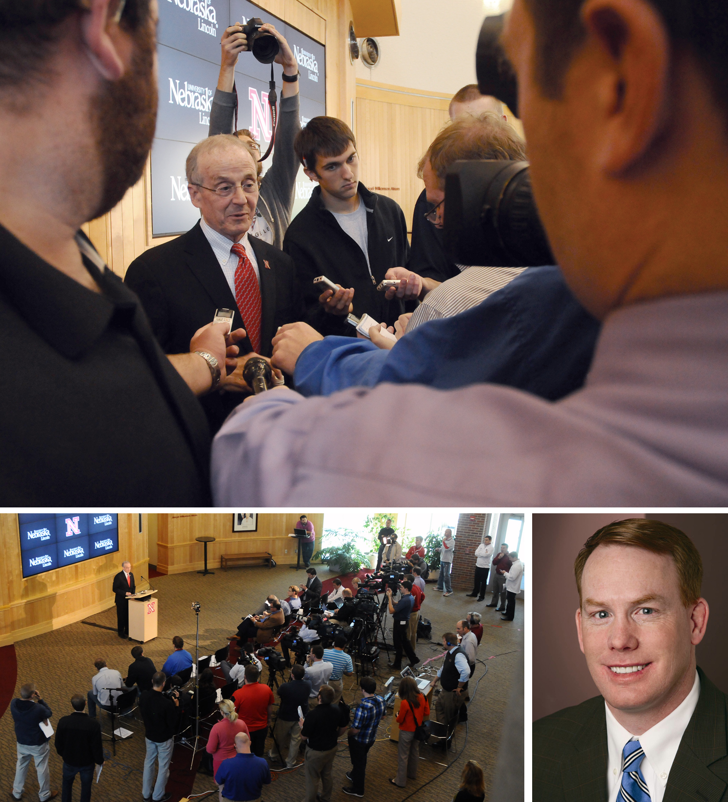  Chancellor Harvey Perlman answers reporters' questions following a media briefing Oct. 4 to answer questions about new A.D. Shawn Eichorst, pictured in inset at right