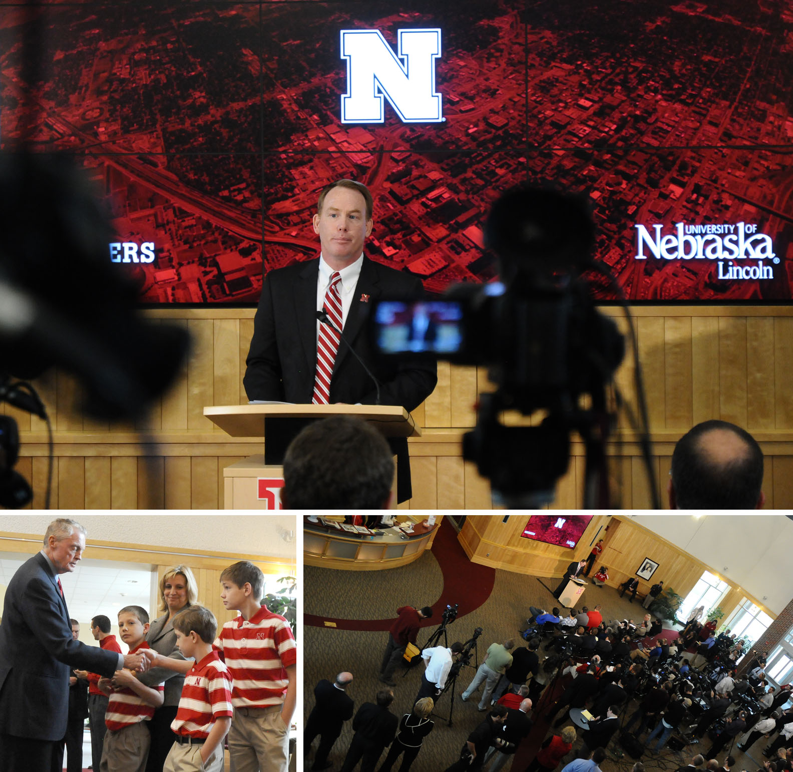 Shawn Eichorst was introduced to local media as UNL's next AD on Oct. 9. His family (pictured at bottom left with current AD Tom Osborne) attended the announcement.