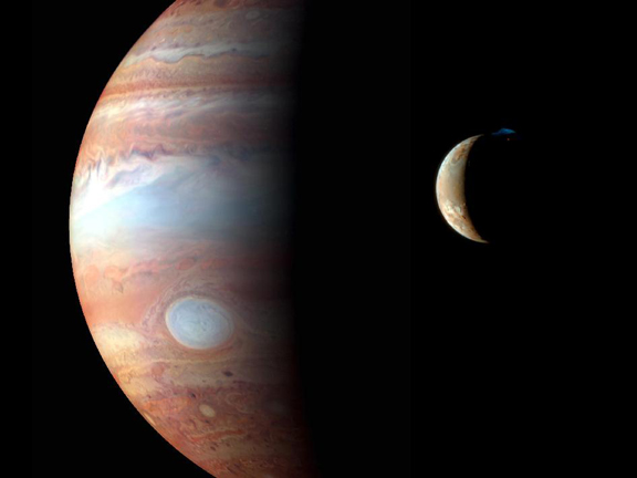 Jupiter and its moon, Io. Image courtesy NASA/Johns Hopkins University Applied Physics Laboratory/Southwest Research Institute/Goddard Space Flight Center