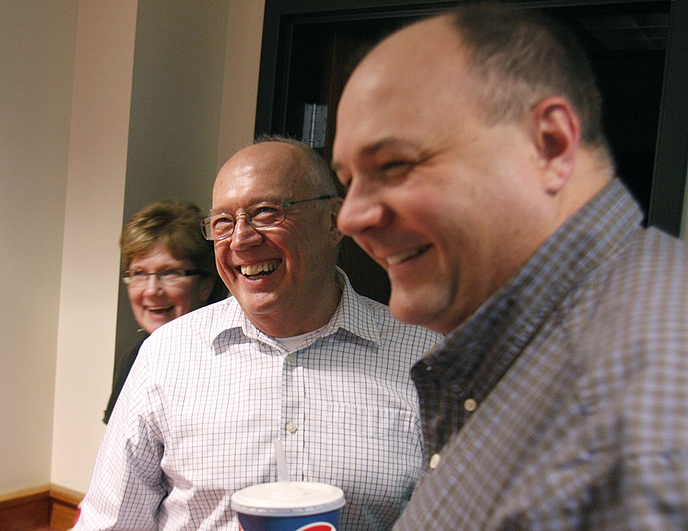 Former CALMIT director Don Rundquist (left) shares a laugh with former student Mark Svoboda—who authors the U.S. Drought Monitor—shortly after a brief ceremony Nov. 12, that noted Rundquist's service to UNL.