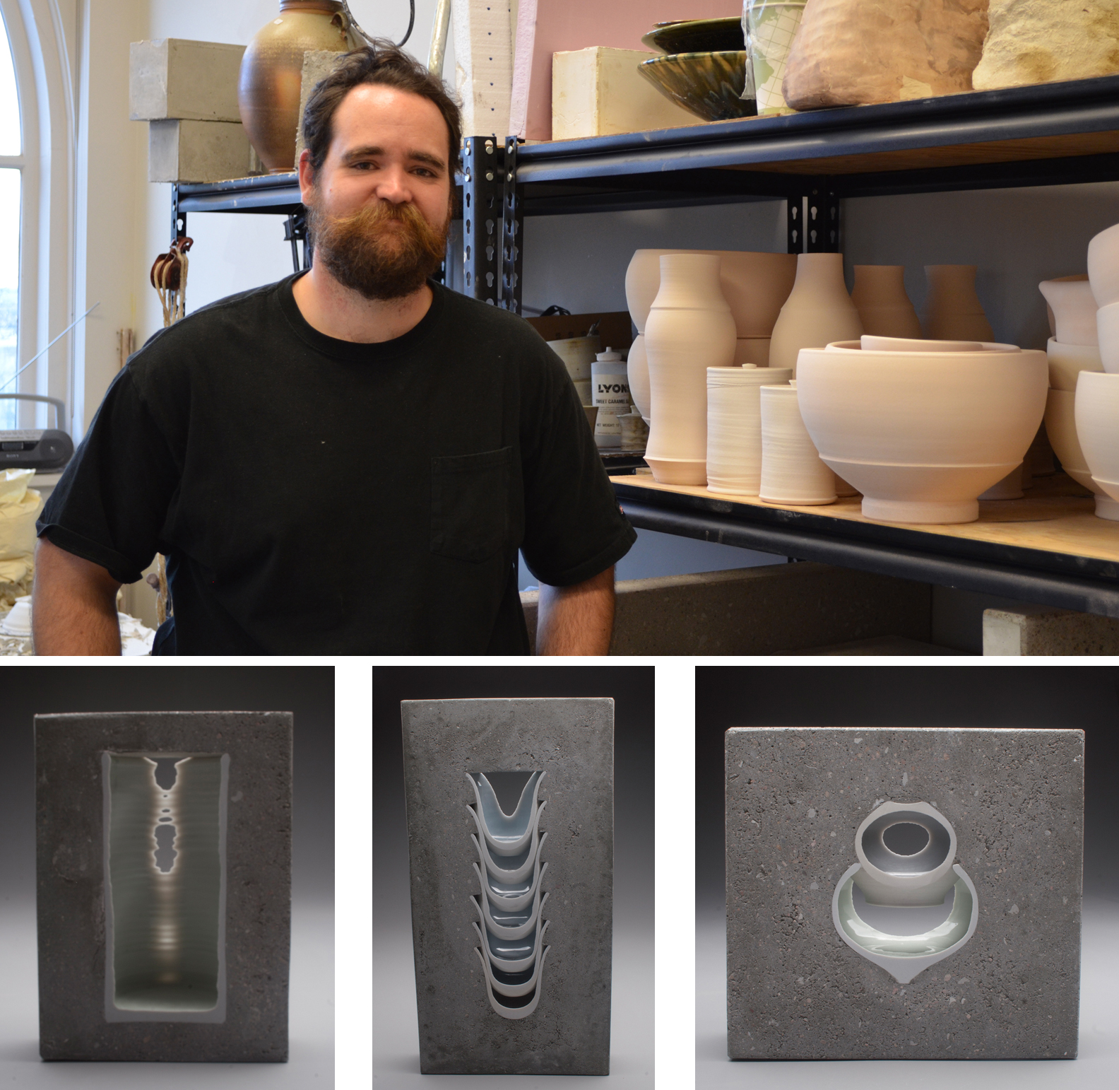 T.J. Edwards and his pieces (left to right):  "Rorschach," "Ridge" and "O.Rex."