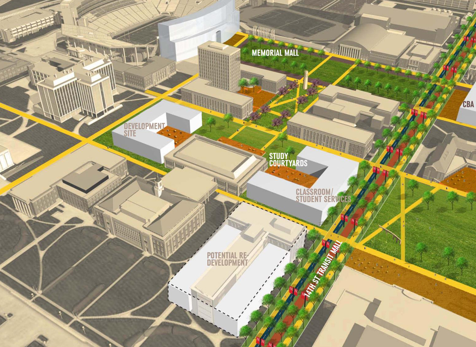 Master plan image of UNL's City Campus, looking northwest at the intersection of 14th and R streets.