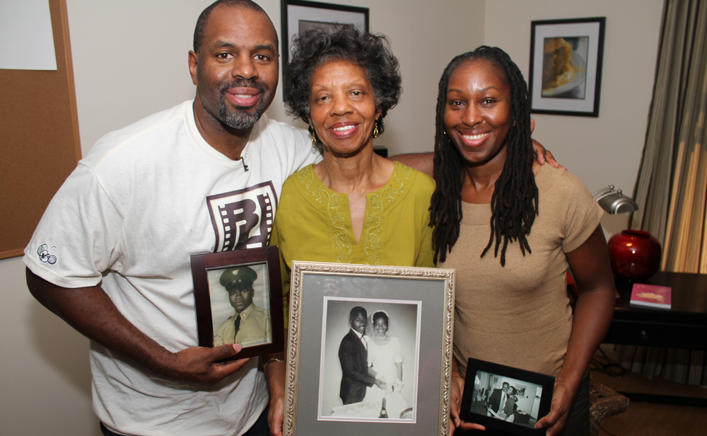 Filmmaker Byron Hurt with his mother, Frances Hurt, and sister, Taundra Hurt