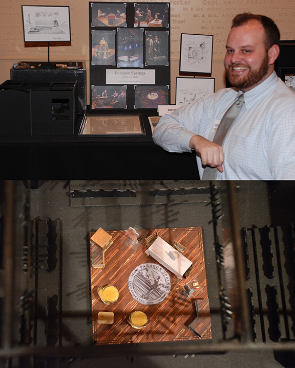 David Tousley with sketches and photos of his design work for "Paragon Springs." Below: Detail of his set model. Photos by Tom Slocum.
