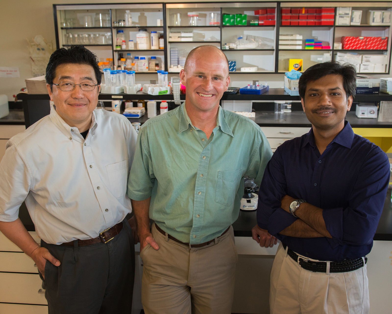 Research team members (from left) Hideaki Moriyama, Jay Storz and Chandrasekhar Natarajan (Greg Nathan, University Communications)